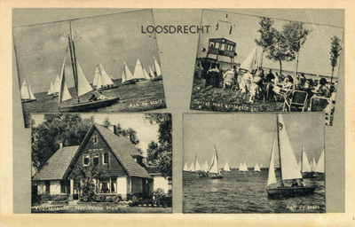 13382 Collage van gezichten te Oud-Loosdrecht (gemeente Loosdrecht):-Zeilboten op de Loosdrechtse Plassen.-Een terras ...